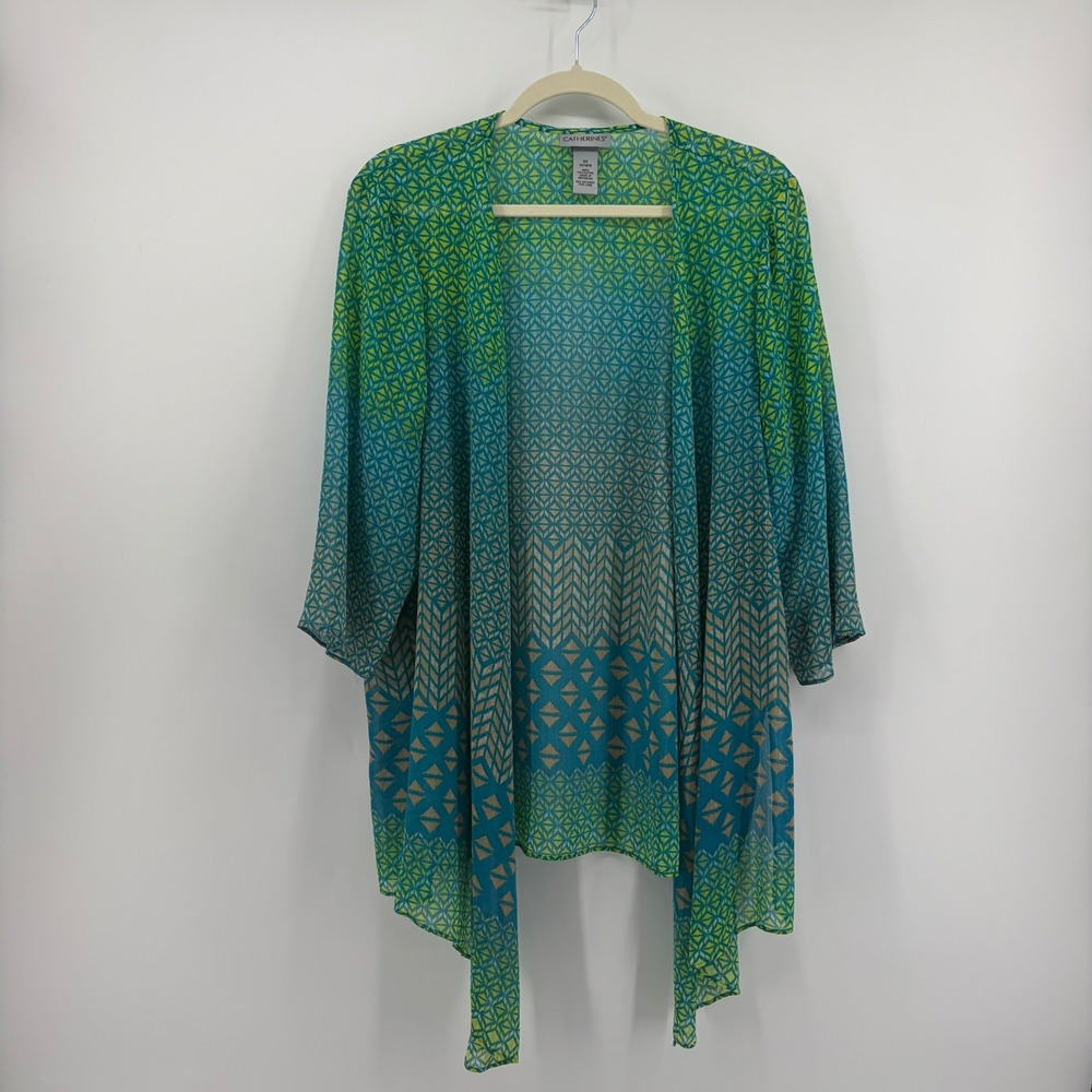 Catherines Womens 0X Green Blue Ombre Geometric Chiffon Kimono Open Front Topper